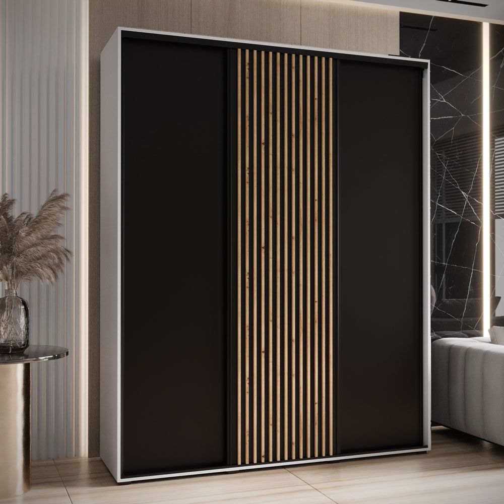 Platzsparender Kleiderschrank Mina mit Schiebetüren in Weiß/Schwarz gehalten, Anti Staubbürsten enthalten, viel Stauraum, 235,2 x 190 x 60 cm