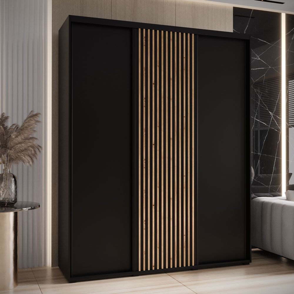 Schwarzer Schiebetürenschrank Mina, modernes Design, schwarze Metallgriffe, inklusive Anti-Staubbürsten, platzsparend, viel Stauraum, 235,2 x 190 x 60 cm