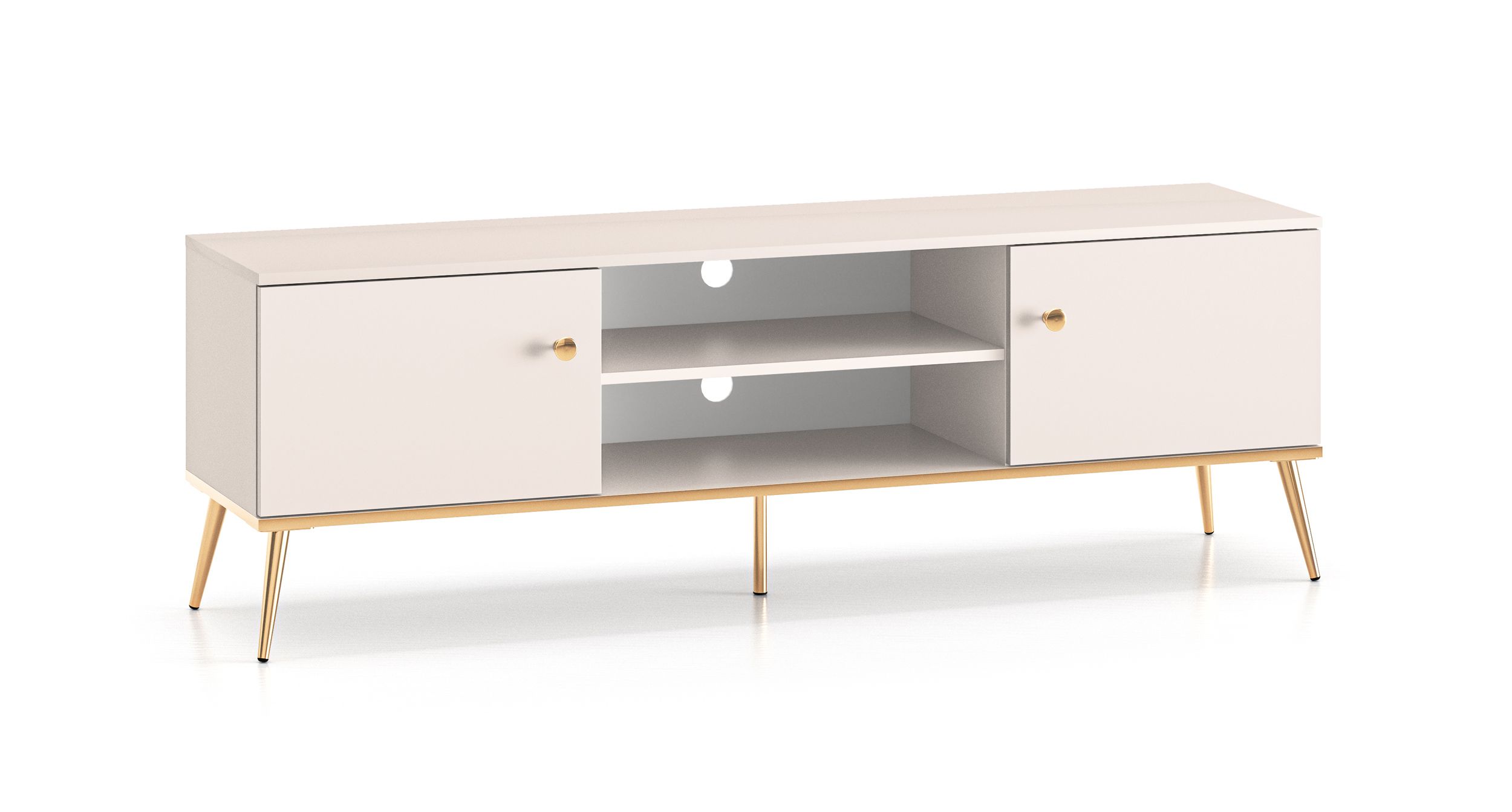 TV-Schrank / TV-Möbel mit zwei Kabellöcher Torpo 05, Farbe: Kaschmir, 2 Türen, Maße: 53 x 160 x 40 cm, mit goldenen Akzenten, Soft-Close-System, 4 Fächer