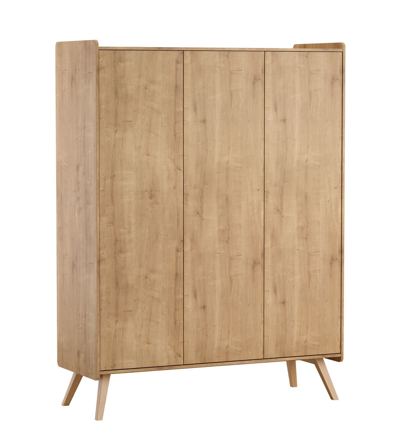 Kleiderschrank mit drei Türen Aleksander 01, Farbe: Eiche, eine Kleiderstange, sieben Fächer, Maße: 200 x 149 x 58 cm, für Kinderzimmer