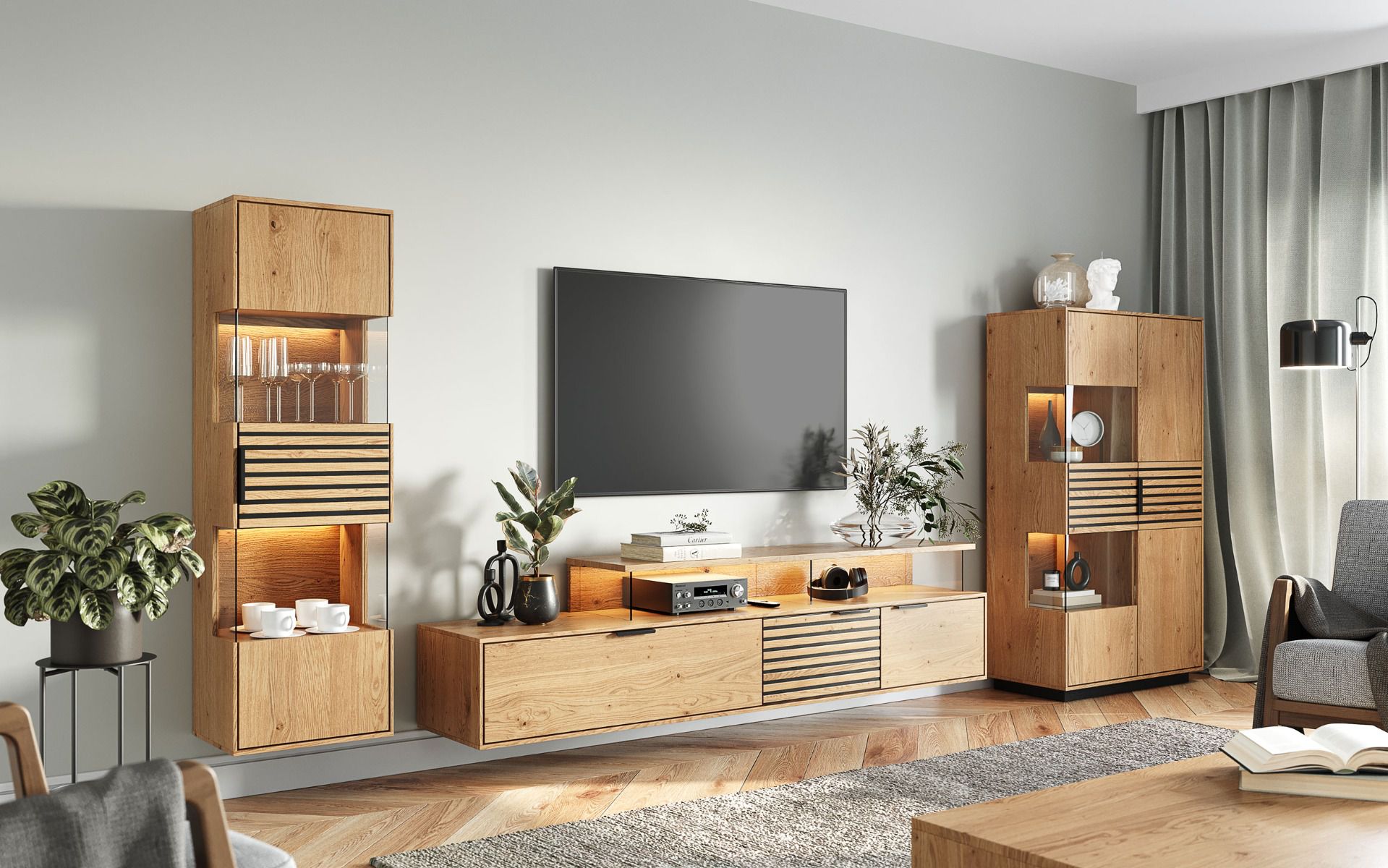 Wohnzimmer Komplett - Set B Rania, 3-teilig, in Eiche / Schwarz, geöltes Massivholz, inklusive LED-Beleuchtung, Soft Closing System, Griffe aus Metall in Schwarz