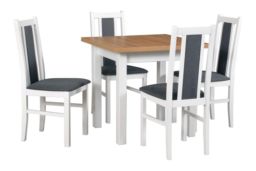 Esszimmer Komplett - Set L, 5 - teilig, platzsparend, Holzfarbe: Weiß/Eiche, kratzfeste Laminat Tischplatte, einfaches Design, gepolsterte Holzsessel