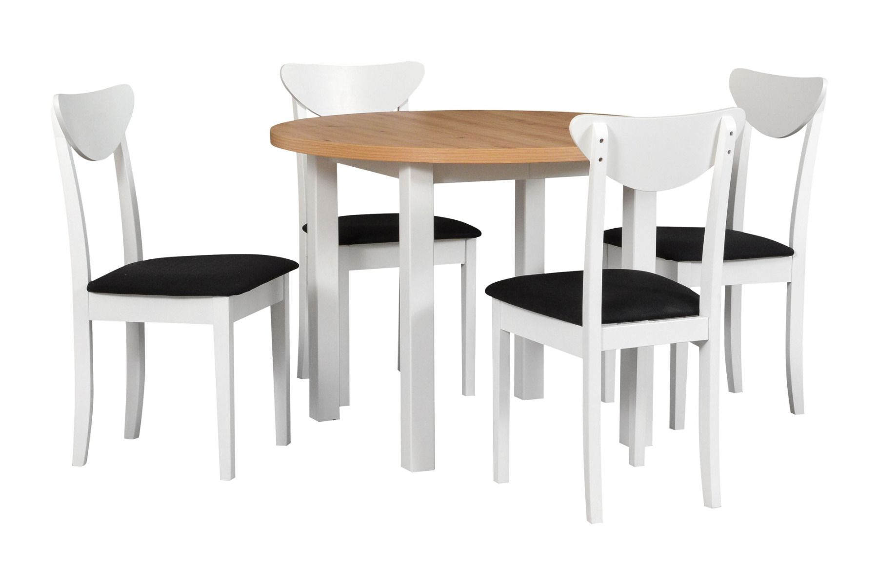 Esszimmer Komplett - Set N, 5 - teilig, runder Holztisch ausziehbar, 4 Holzstühle mit Polsterung, Holzfarbe: Weiß/Eiche, Stofffarbe: Schwarz