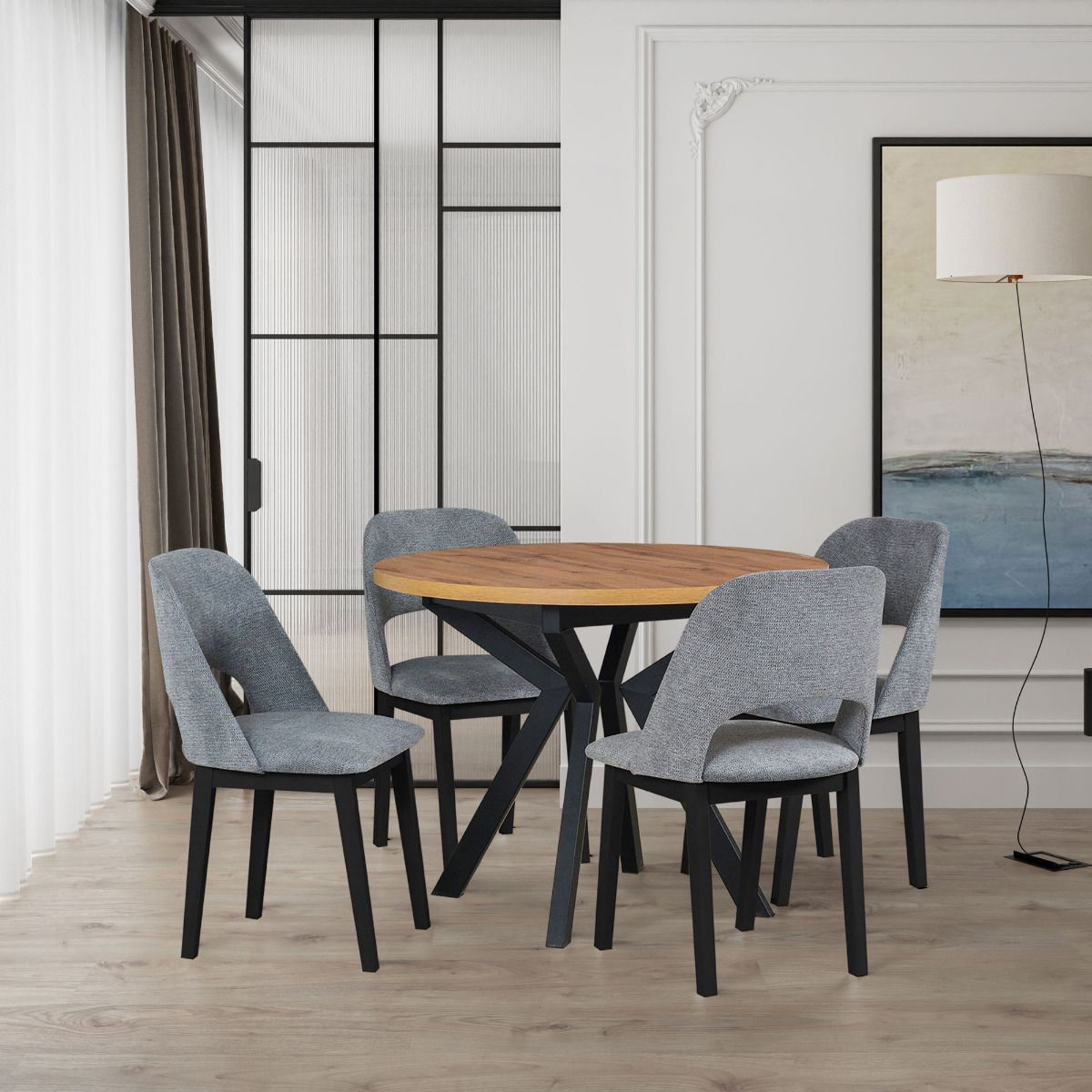 Esszimmer Komplett - Set Q, 5 - teilig, runder Holztisch in Schwarz/Eiche, Tischbeine aus Metall, Oberfläche furniert, 4 Polstersessel in Grau