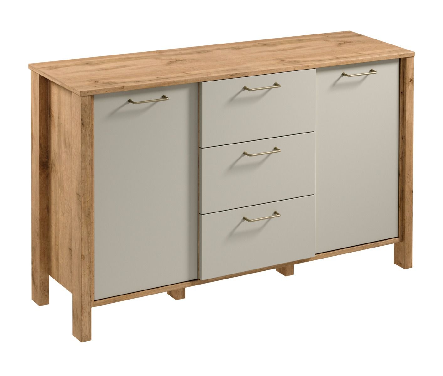 Kommode/Sideboard Braianik 02 mit 3 Schubladen, 4 Fächer, 2 Einlegeböden und 2 Türen, Griffe aus Metall, Eiche Wotan / Beige, 81 x 138 x 40 cm