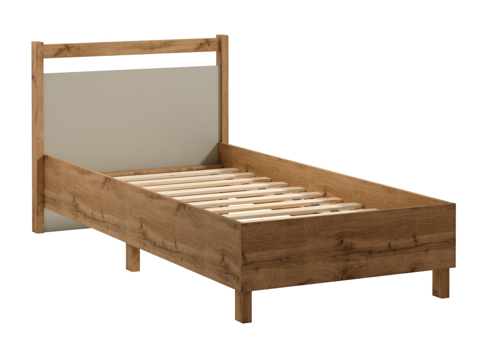 Einzelbett Braianik 07 mit Liegefläche 90 x 200 cm, in Eiche Wotan / Beige, 92 x 101 x 207 cm, ABS Kantenschutz, Lattenrost im Bett ingebriffen, Füße 36 mm