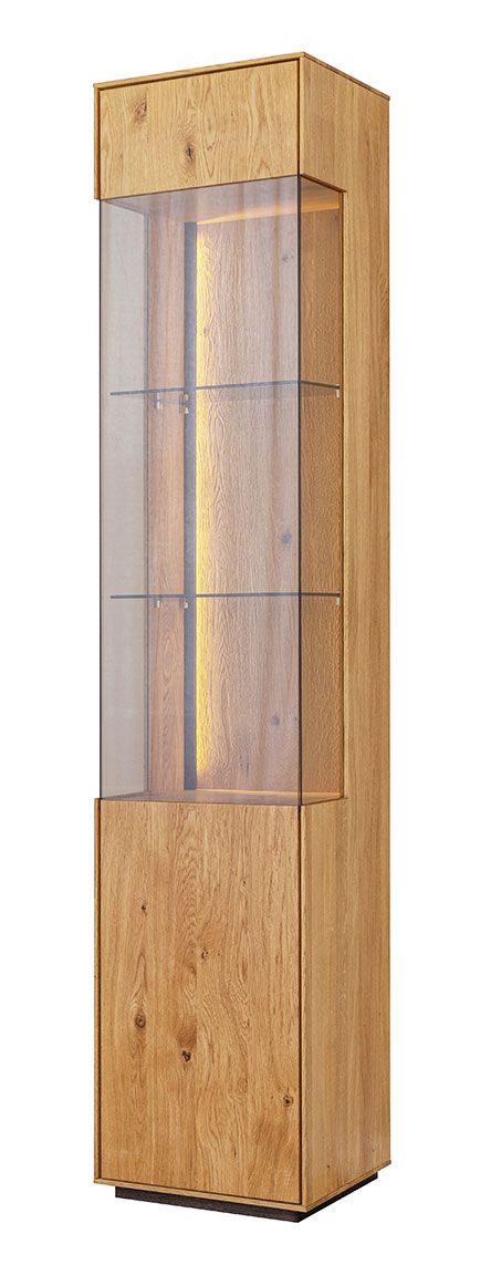 Vitrine Sienne 02 Türanschlag rechtsseitig, 205 x 43 x 37 cm, inkl. LED-Beleuchtung, Holz gebürstet, in Wildeiche geölt, getöntes Glas, 1 Tür, 5 Böden