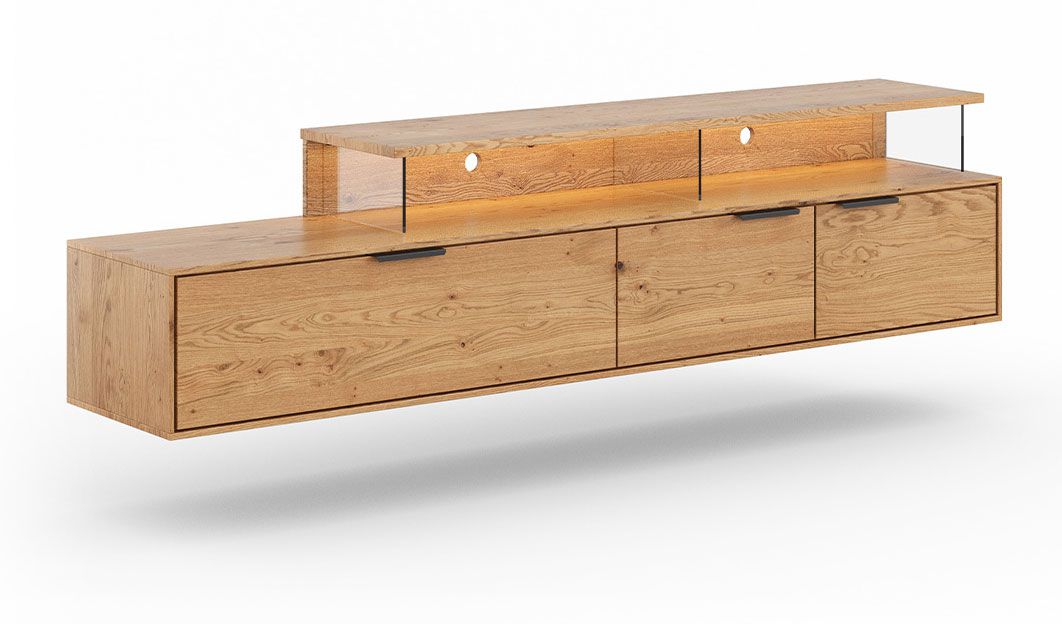 Hängeschrank Rania 04 für TV, 52 x 200 x 39 cm, 1 Kipptür, 2 Holztüren, insg. 4 Fächer, aus geöltem Massivholz, in Eiche Natur, inkl. LED-Beleuchtung