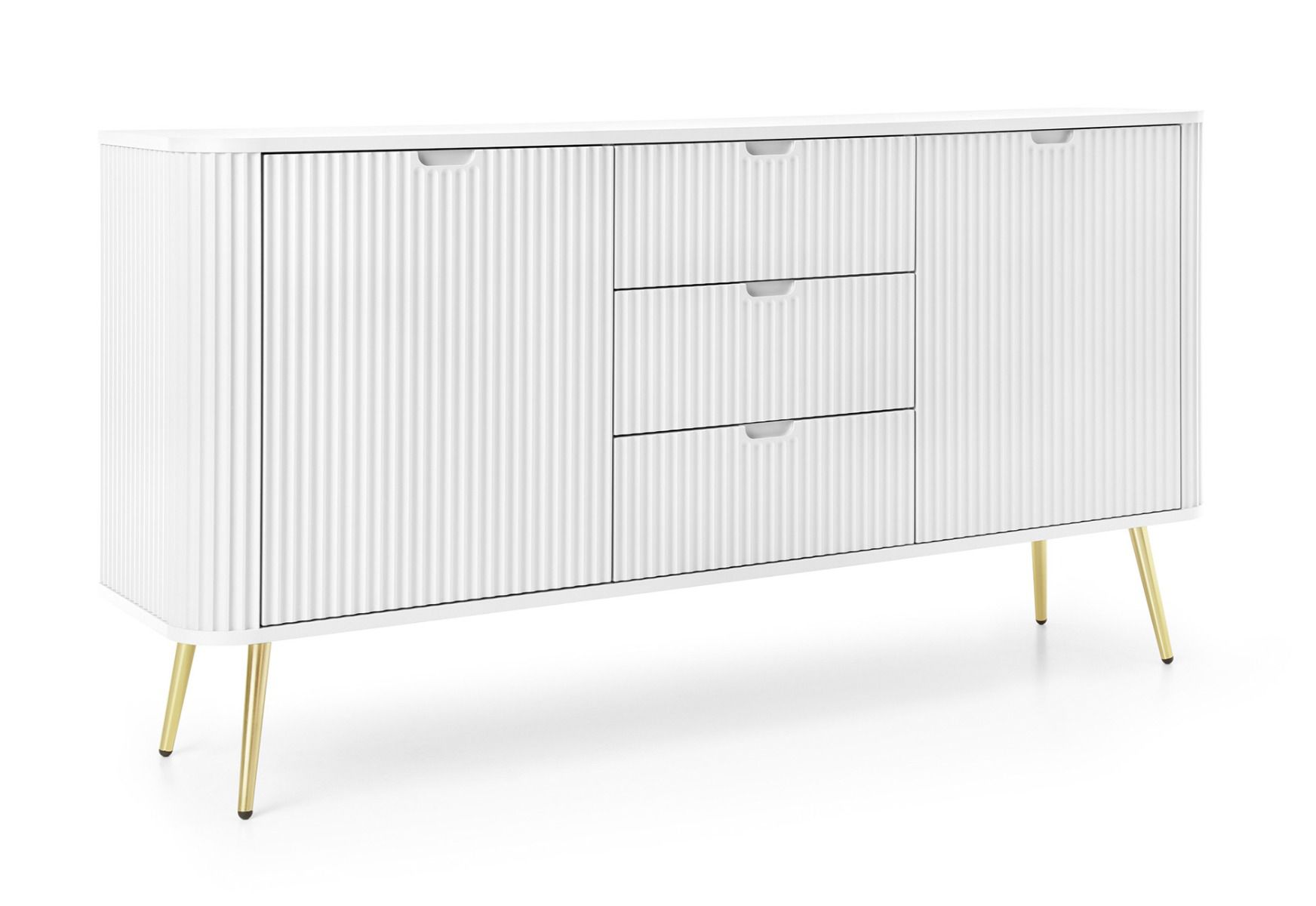 Kommode Makreb 10 in weiß, 87 x 168 x 61,5 cm, Soft Close, 3 Schubladen, gefräßte Fronten, Beine aus Metall in Gold, 4 Fächer, 2 Türen, ABS