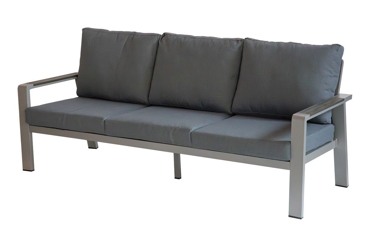 Outdoor Sofa 3-Sitzer Lissabon mit Armlehnen - Farbe: graualuminium, Stoff: dunkelgrau, wasserdichte Polsterung, Armlehnen veredelt mit Polywood