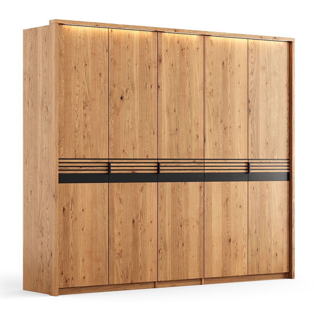 Schrank Thari 06 mit  219 x 256 x 58 cm, inkl. LED-Beleuchtung, Massivholz, Eiche / Schwarz, Soft Closing, 5 Türen, 3 Einlegeböden, 3 Kleiderstangen