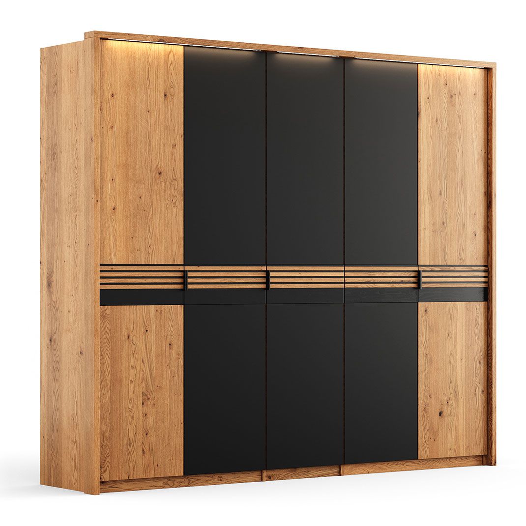 Kleiderschrank Thari 08 mit 219 x 256 x 58 cm, 2 Türen, 3 schwarze Glastüren, geöltes Massivholz, Eiche / Schwarz, 3 Einlegeböden, 3 Kleiderstangen