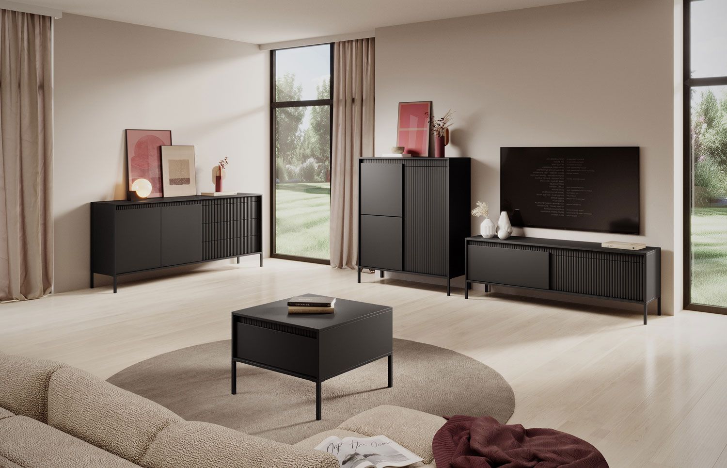 Modernes Wohnzimmer - Set C Balta, 4-teilig, Beine: Metall, Farbe: Schwarz, Push-to-open Funktion, ABS-Kantenschutz