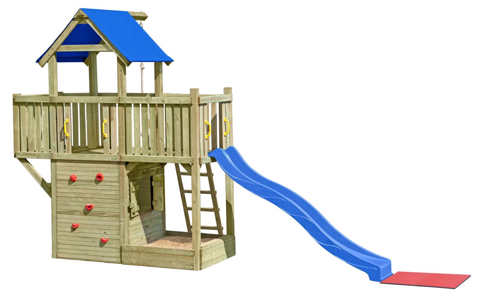 Spielturm K41 inkl. Balkon, Anbauelement, Sandkasten, Stauraum und