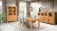 Moderne Vitrine mit zwei Türen Floresta 07, Natur, mit länglichen Griffen, fünf Fächer, Eiche massiv, 204 x 133 x 48 cm, zwei Glaseinlegeböden und zwei Holzeinlegeböden