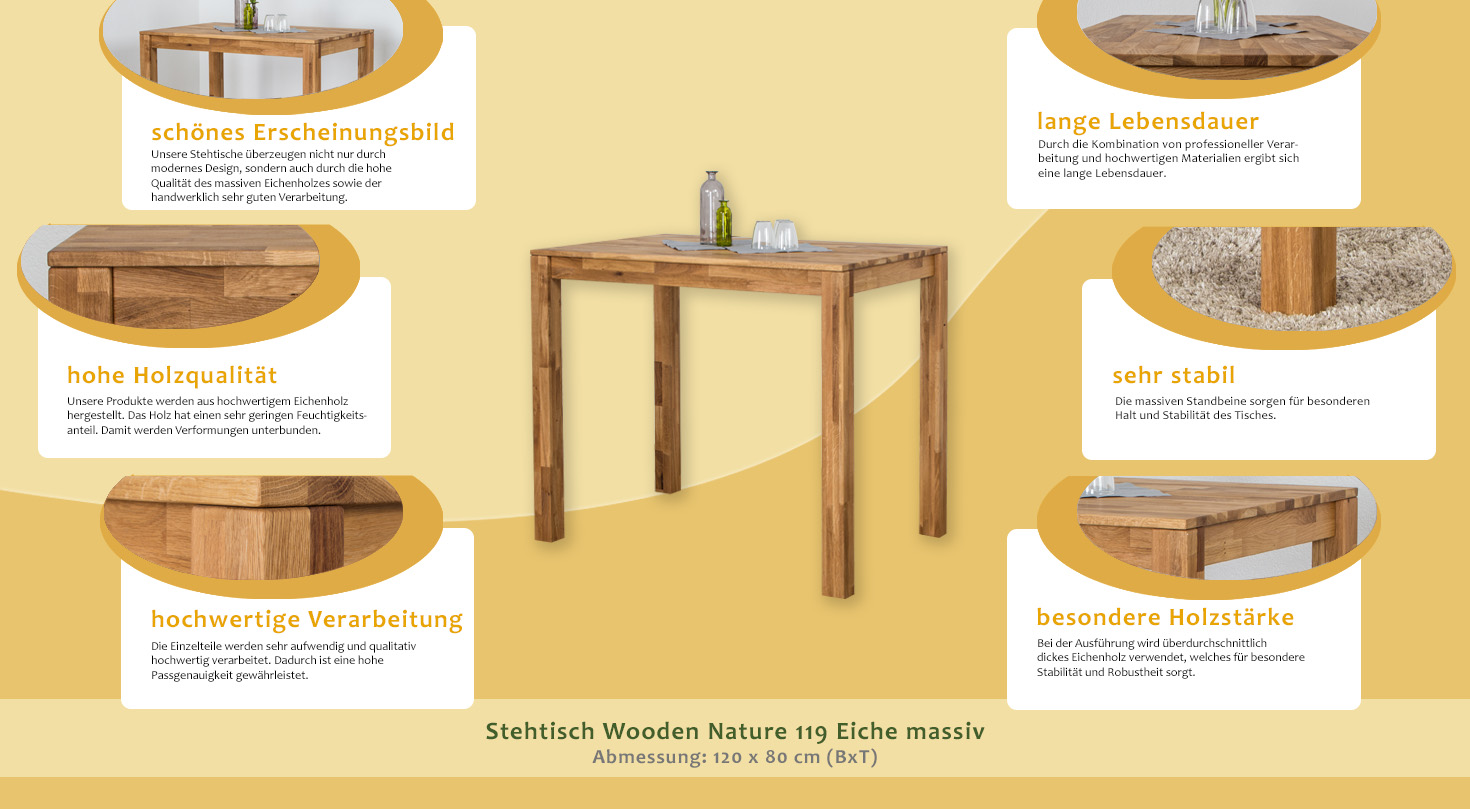 Tavolino alto Wooden Nature 119 rovere massello - 120 x 80 cm (l x p)