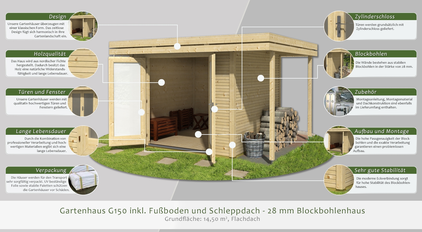 Gartenhaus G150 Inkl Fussboden Und Schleppdach 28 Mm